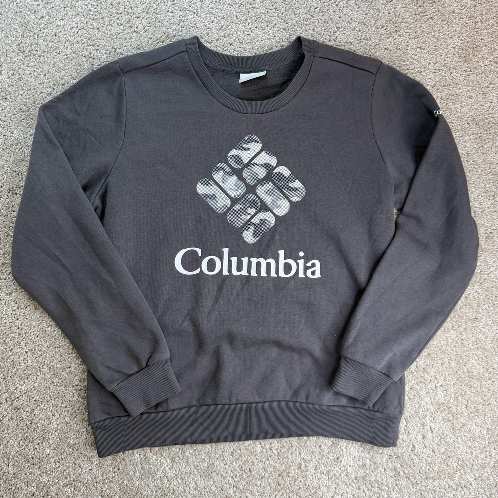 Columbia Sweatshirt Womens Med Gray Fleece Pullover Camo Logo Graphic Crewneck